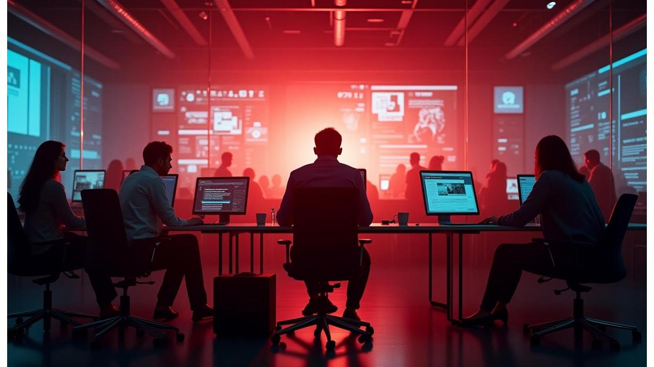 Escena de redacción en acción con periodistas trabajando y pantallas digitales