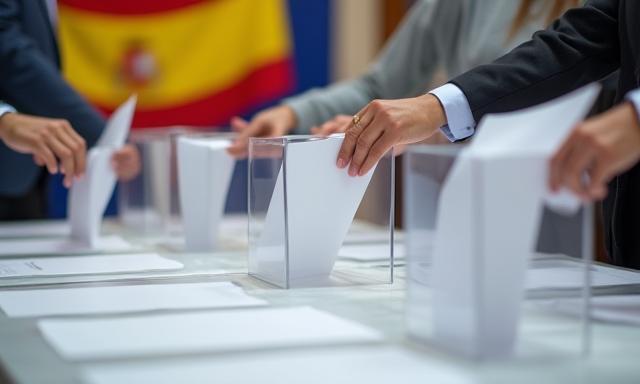 Mesa electoral con papeletas y urna en España