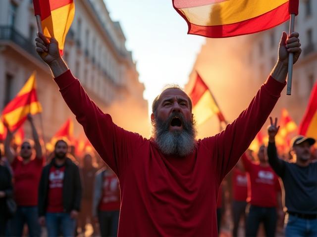 Manifestantes en una protesta política con banderas y pancartas en Madrid